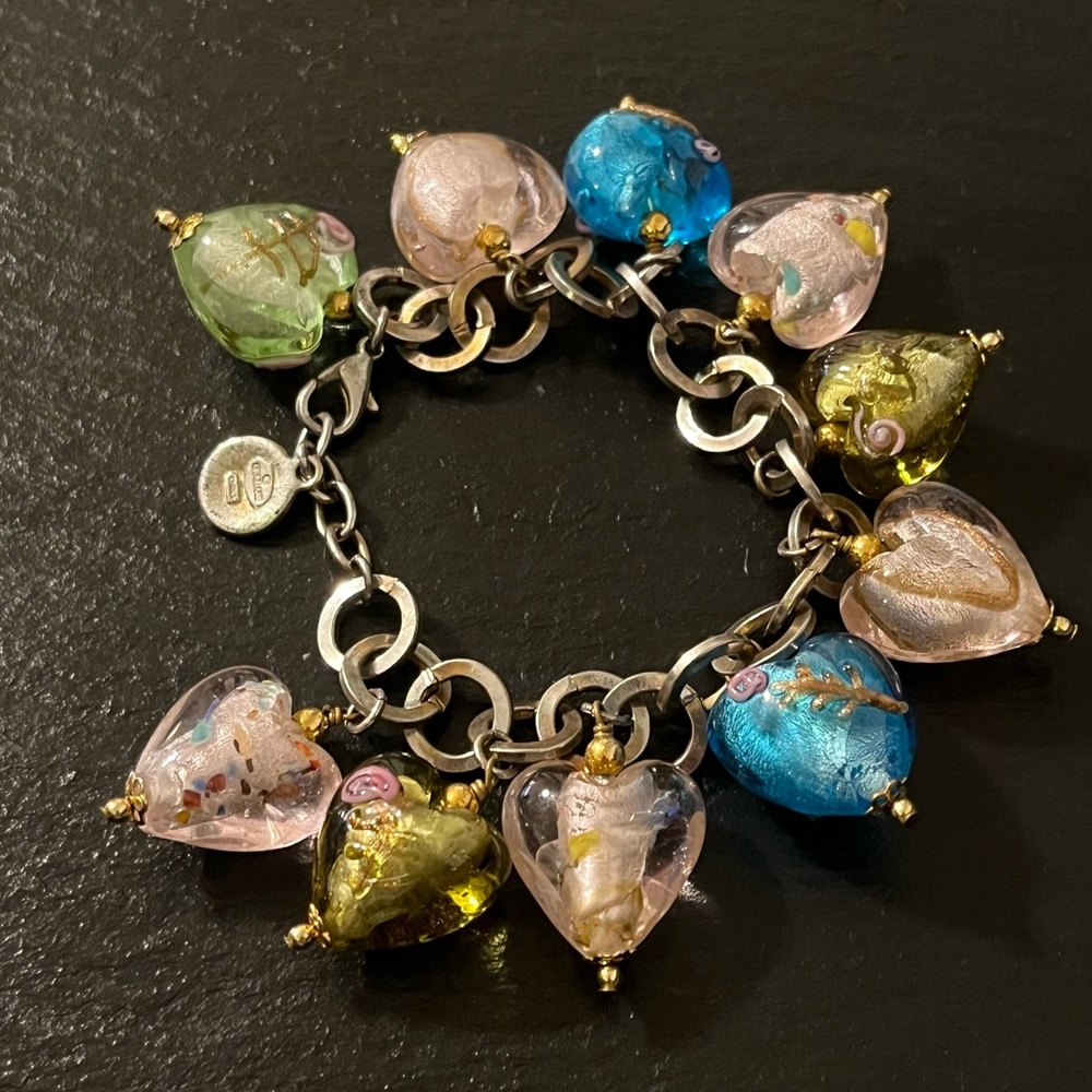 R.J. Graziano Silver Stone Multicolored Frosted Heart 8” Charm Bracelet